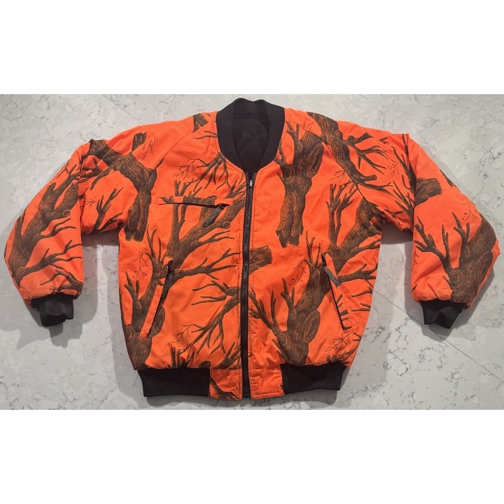 VTG 90s Field & Stream Bomber Jacket Mens M Orange Tree Camo Quilted Hunting Y2K
